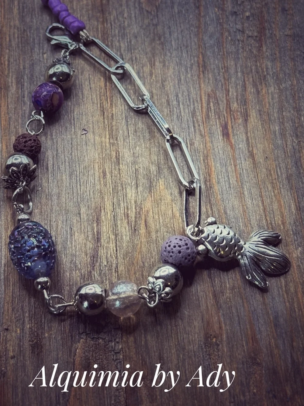 Silver-Tone anklet Bracelet with Purple stones Beads and Fish Charm